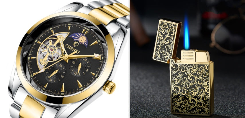 Mechanical wristwatch with black dial and gold bezel, silver/gold link bracelet