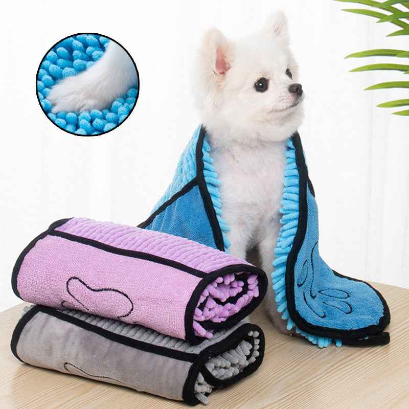 Purple pet microfiber bath towel roll with black trim and paw doodle pattern