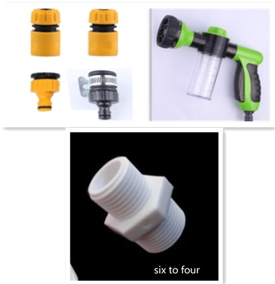 Foam spray gun set with clear canister, black nozzle, and yellow connector caps