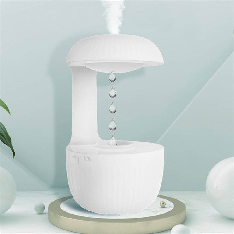 White anti-gravity humidifier base with rising steam and suspended water droplets.
