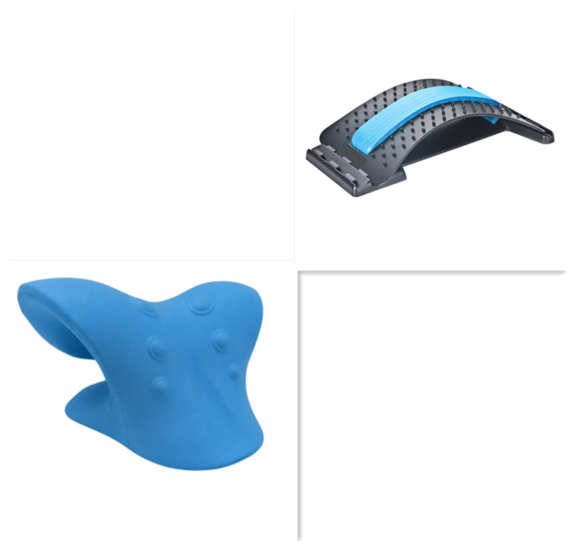 Blue manual neck massage roller with black arch and textured roller surface
