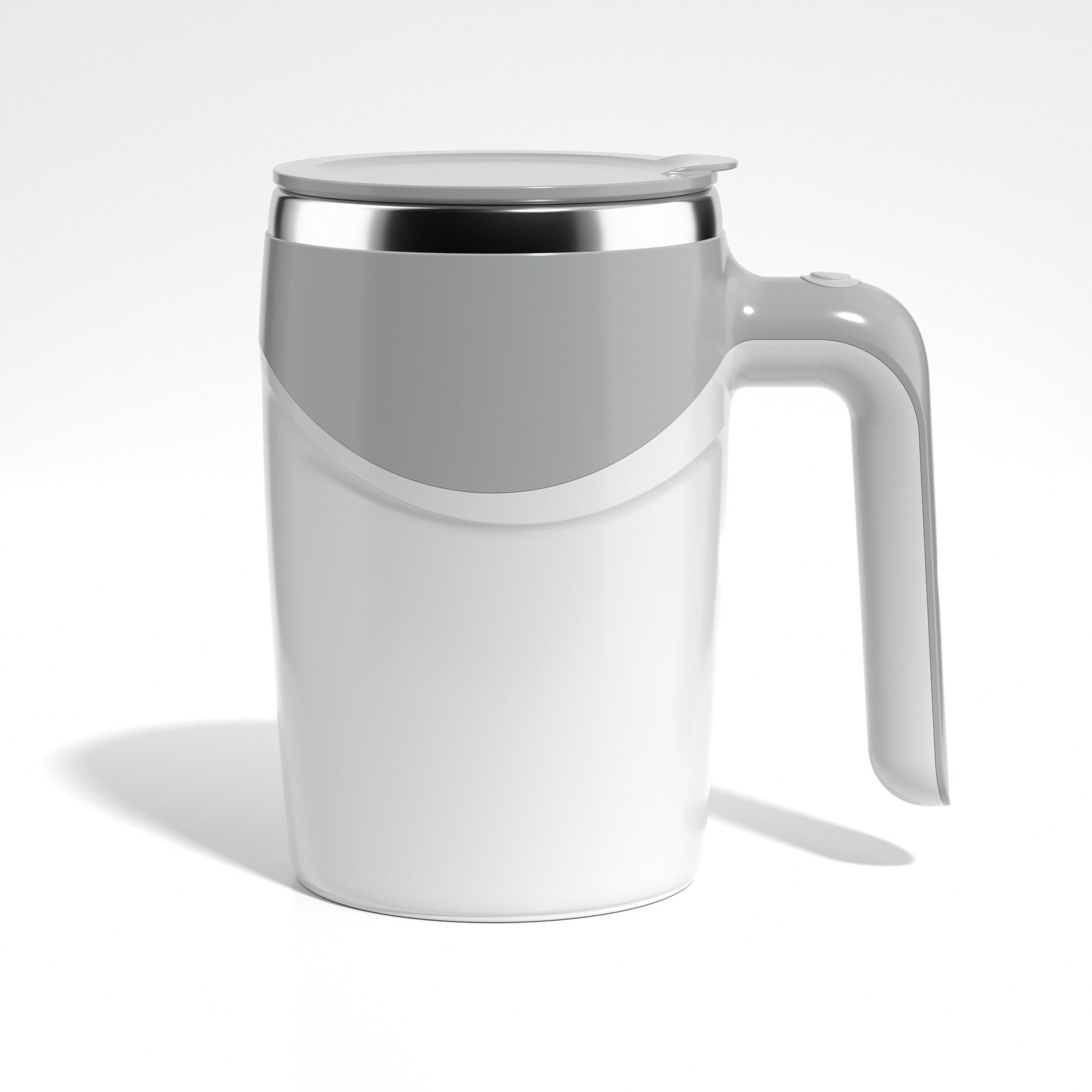 White electric stirring cup with lid and handle, front view on a plain background