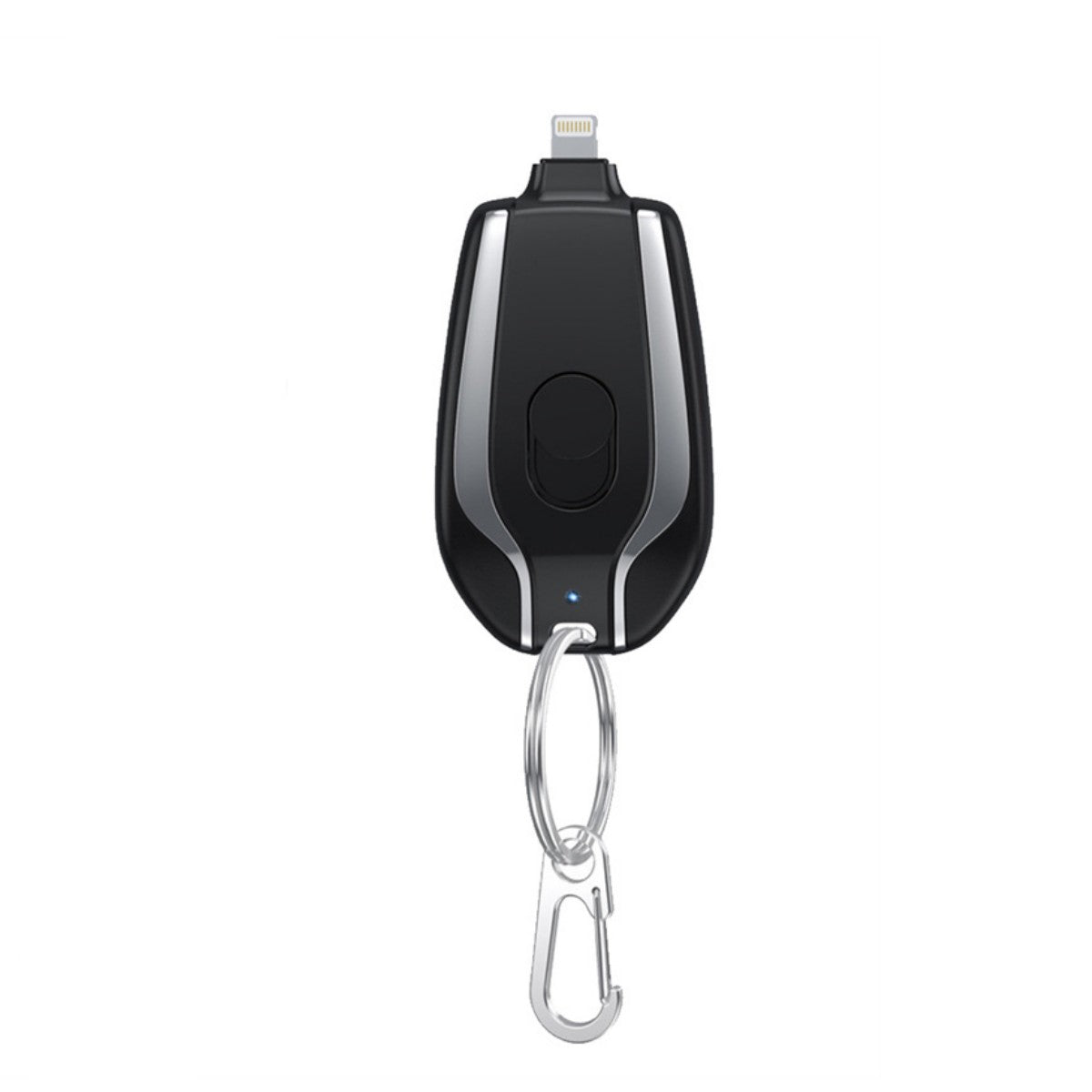 Mini keychain power bank pod with charging port, blue light indicator, metal carabiner, dark black