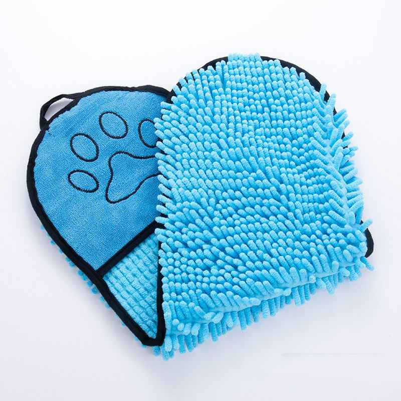 Blue microfiber pet drying towel with paw doodle panel and shag loop texture