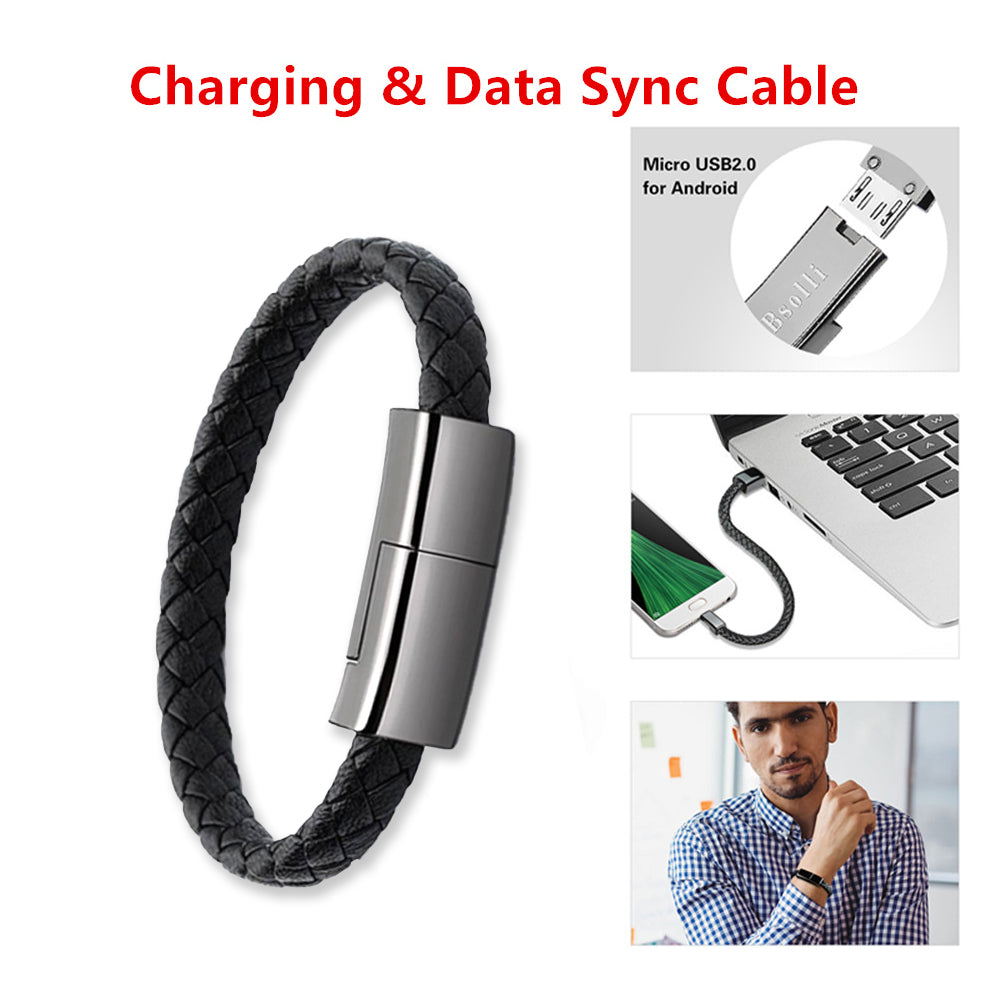 Black braided charging bracelet cable with silver connector clasp