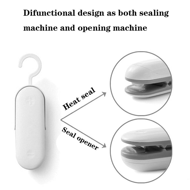 Mini portable heat sealer and seal opener tool showing open and heat-seal positions
