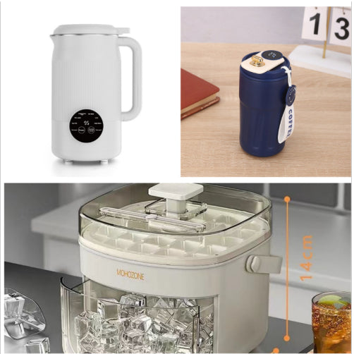 White insulated thermal bottle with display, shown with blue bottle and open lid