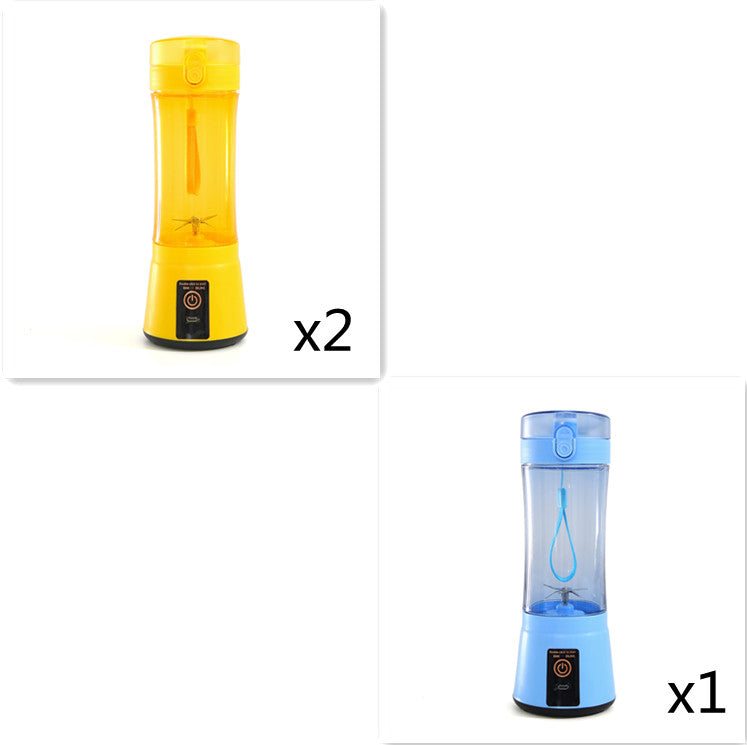 Portable electric fruit juicer blender set with yellow and blue translucent cups, black base