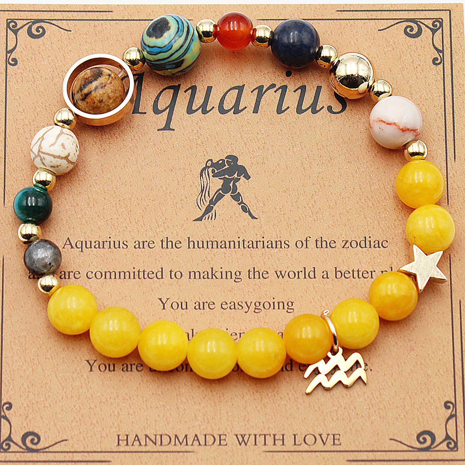 Aquarius zodiac beaded bracelet with yellow beads, multicolor beads, and gold water bearer charm
