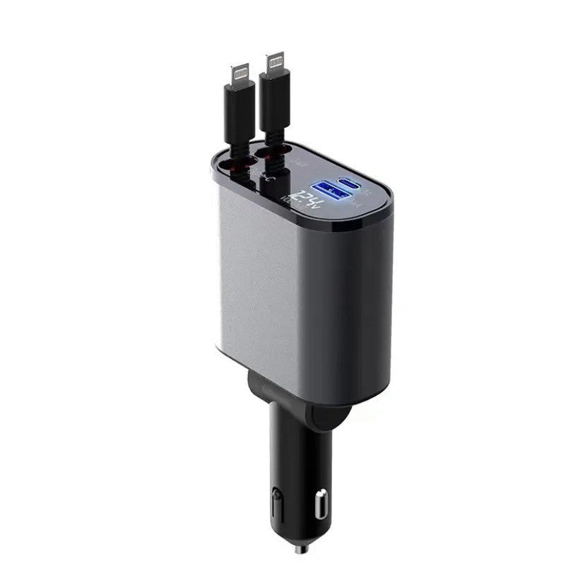 Silver-and-black car charger adapter with two ports and blue indicator panel
