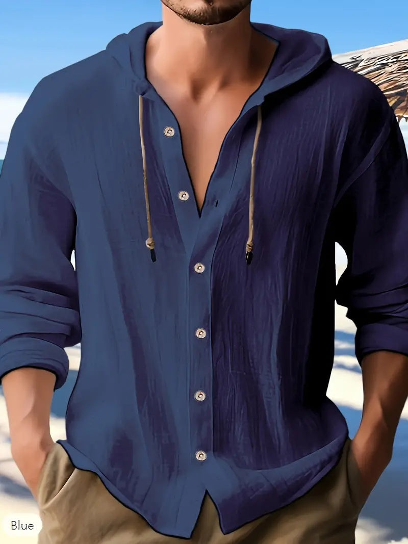 Dark blue hooded button-down lightweight long-sleeve top with drawstring ties and buttons