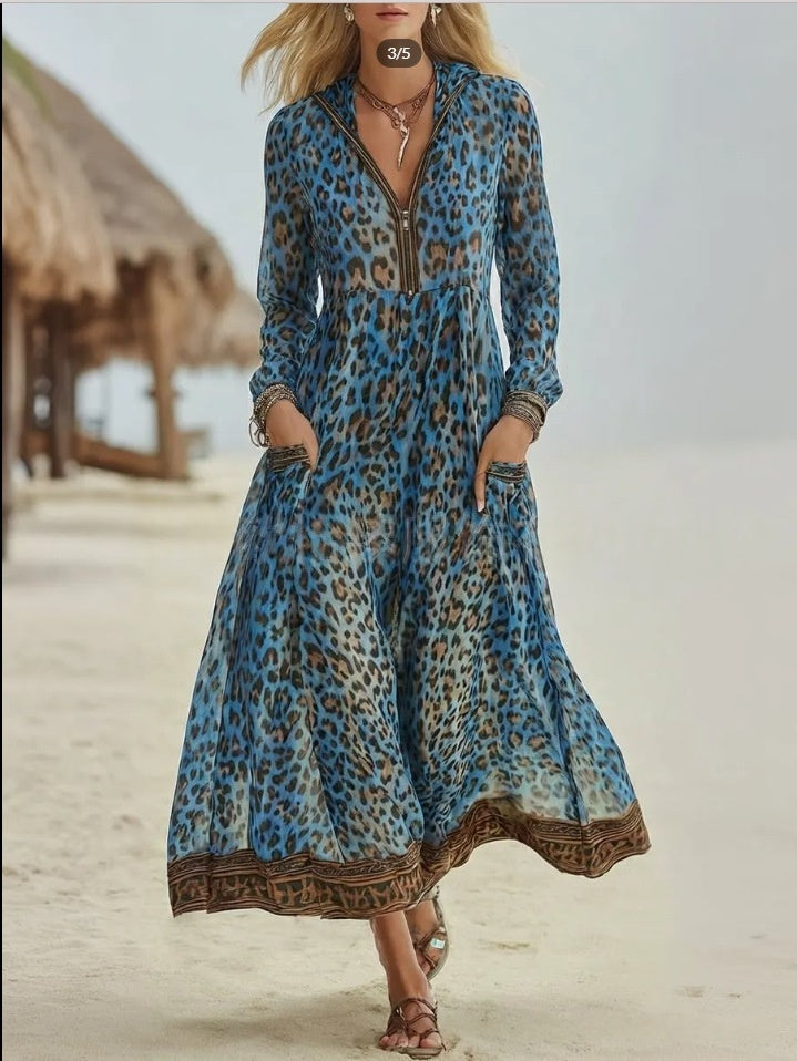 Blue leopard-print hooded maxi dress with long sleeves and ruffled tiered skirt