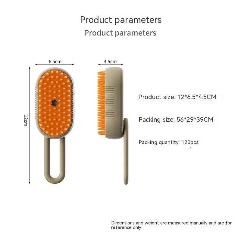 Beige electric pet steam brush with orange bristle pad on an oval head and long handle.