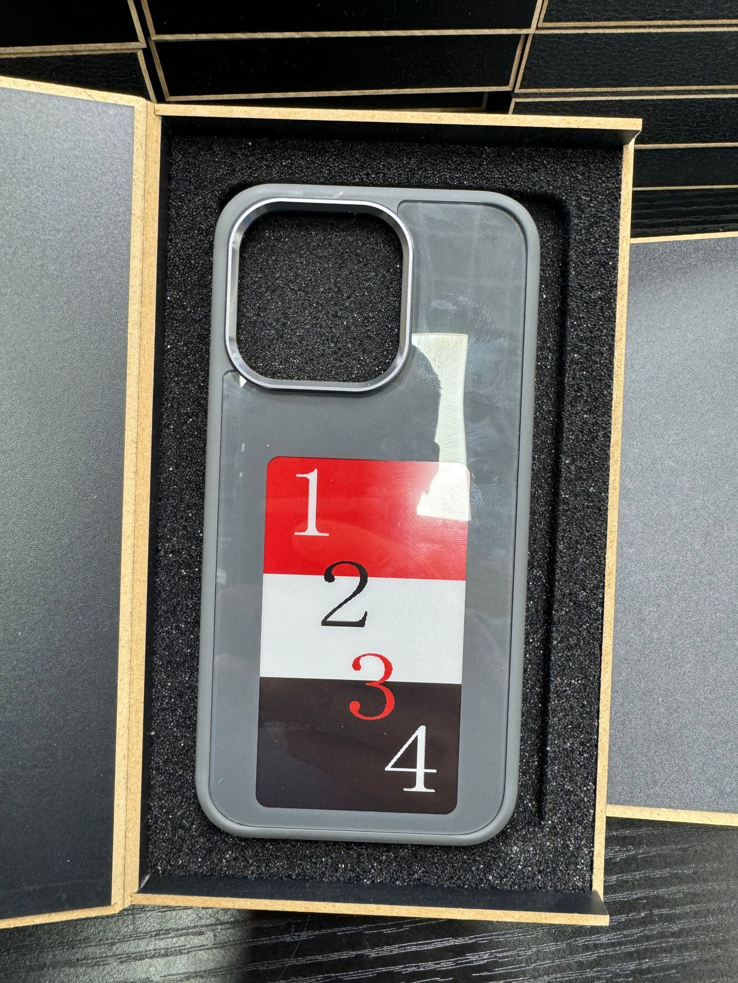 Gray phone case with camera cutout and numbered 1–4 display screen decal