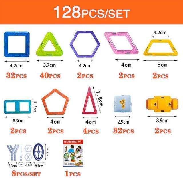 Magnetic building blocks 128-piece set with shape and size guide diagram