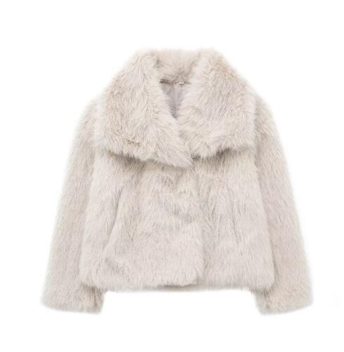 Winter plush faux fur coat, long sleeves, shawl collar, off-white
