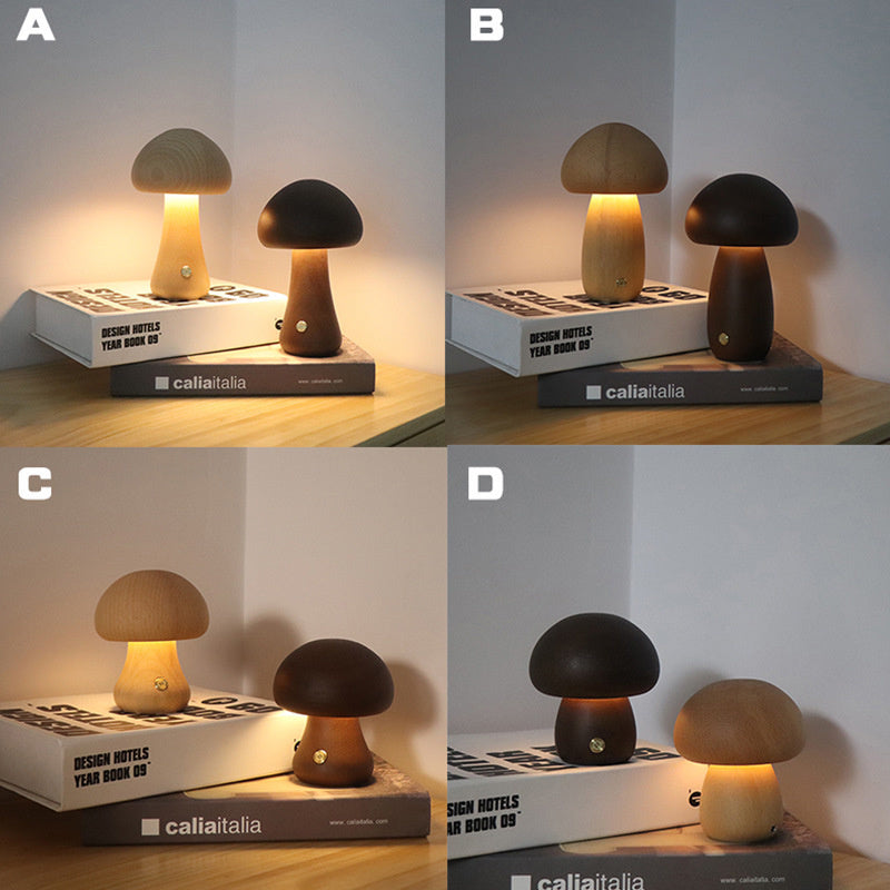 Wooden mushroom LED night light shown in four views with different finishes