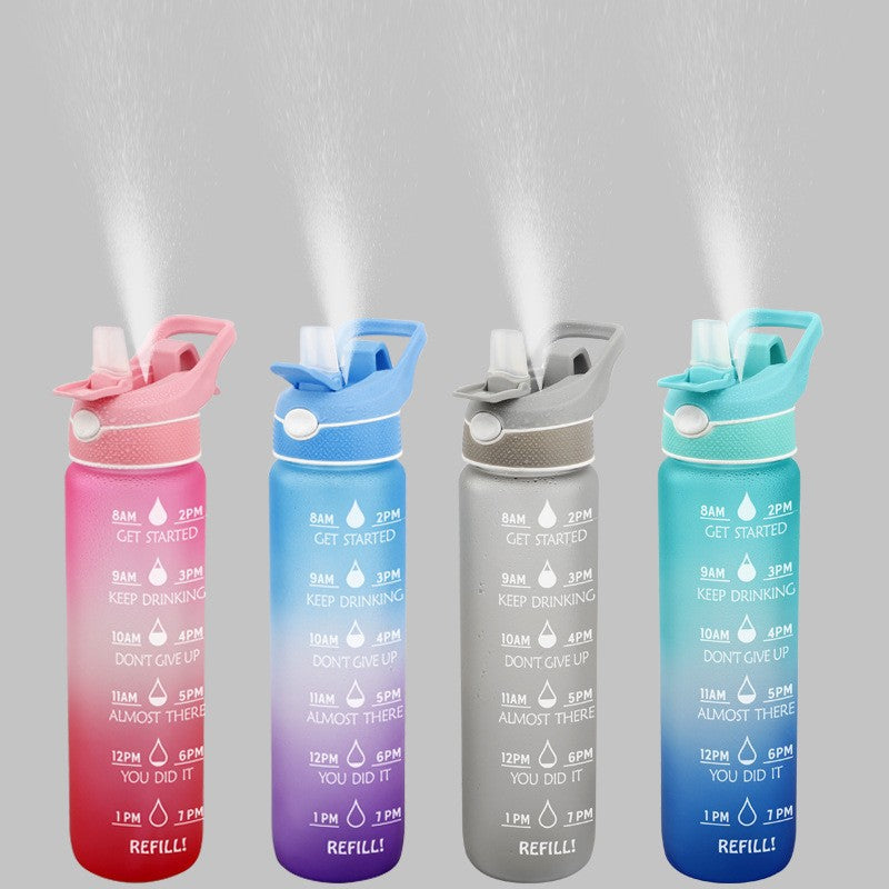 Set of four water bottles with straw covers: pink, blue, gray, and teal gradients.