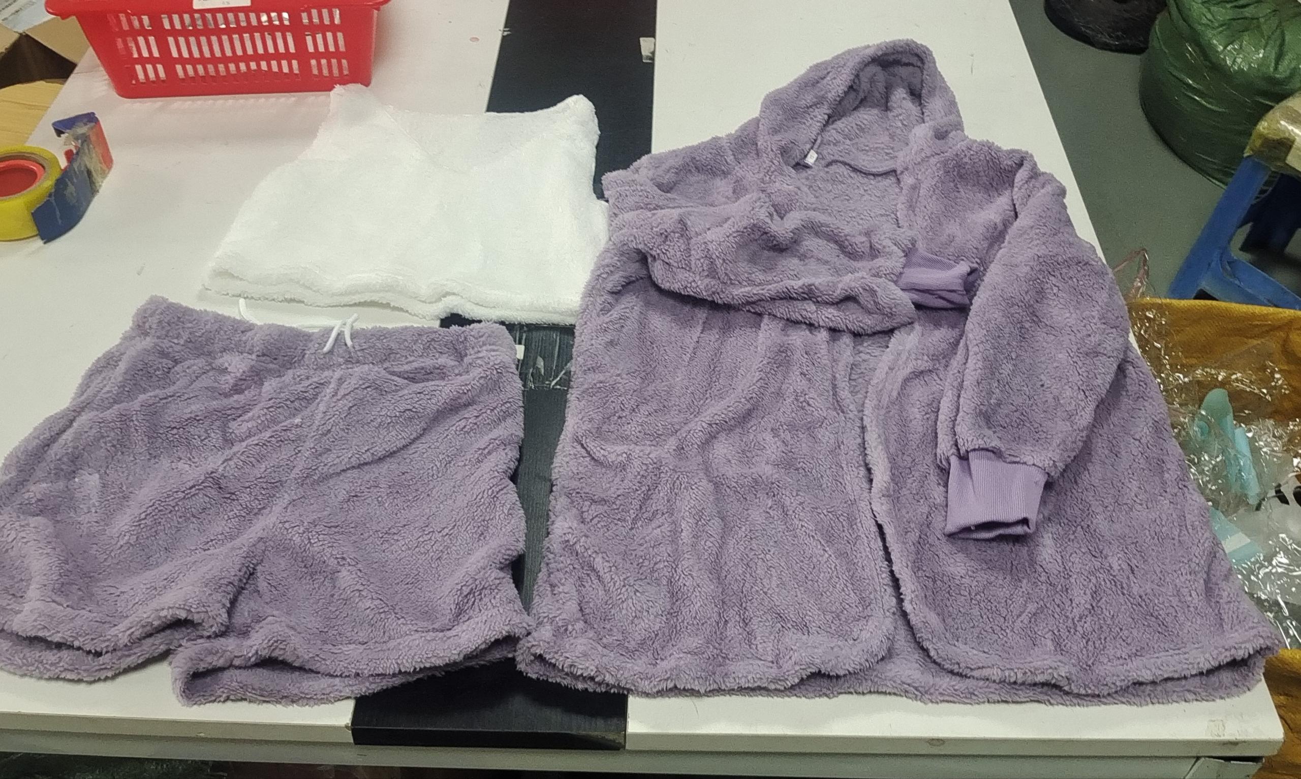 3-piece fuzzy lounge set pair: lavender cropped tank and drawstring shorts