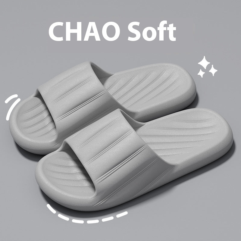 Gray slide slippers with striped strap and molded ribbed footbed