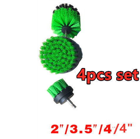 Electric drill brush set with green scrub pads and small bristle attachment