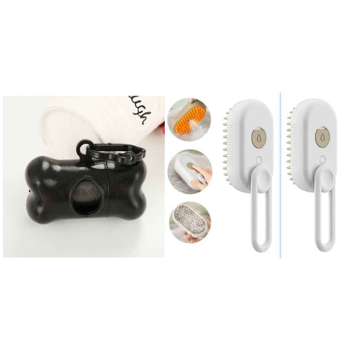 Two white electric pet steam brushes with orange bristle pads and curved handles, side-by-side.