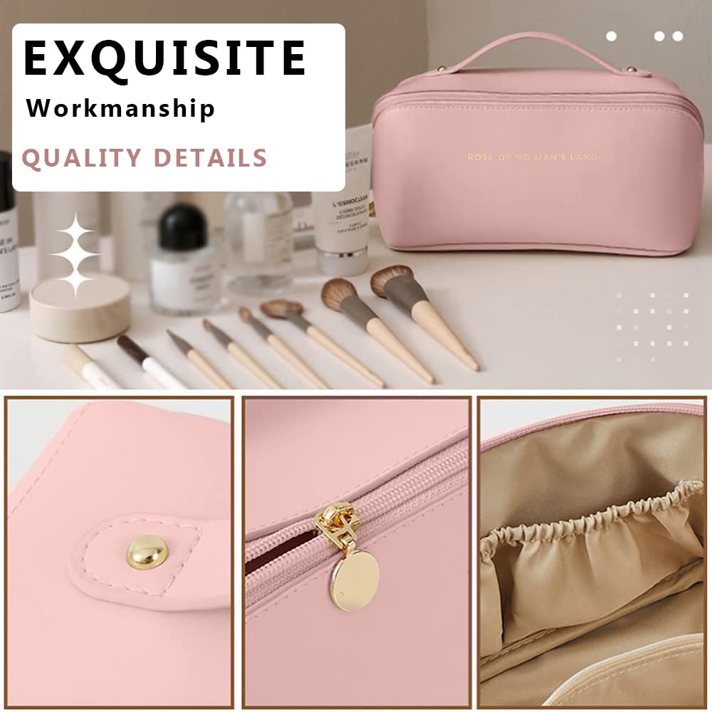 Pink cosmetic bag with gold zipper and small front button detail, shown closed