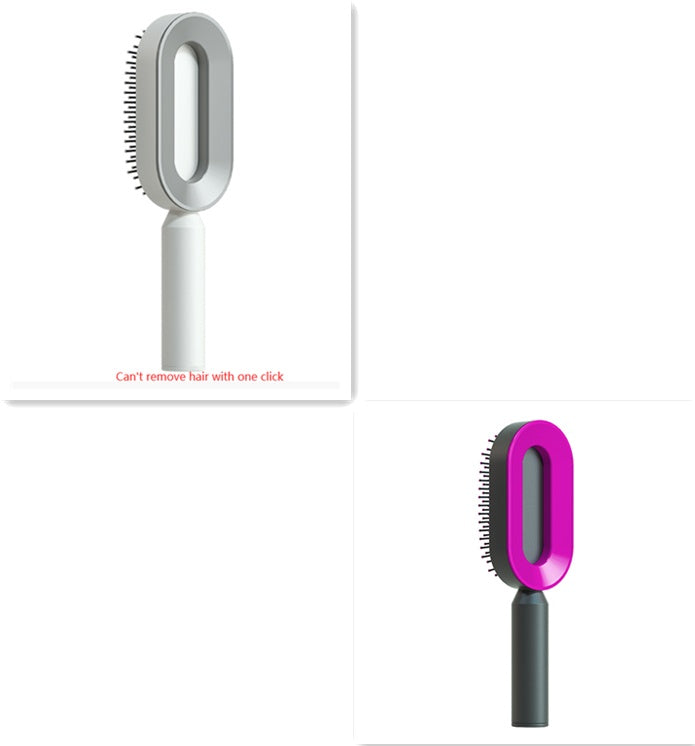 Self-cleaning hair brush set with white head and purple head on dark handle