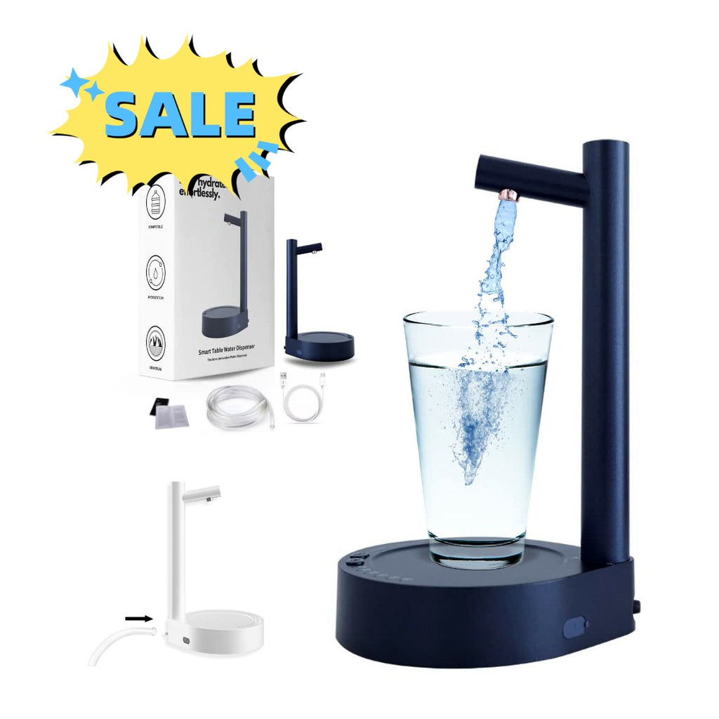 Electric water gallon dispenser with dark blue base and dispensing spout, countertop style