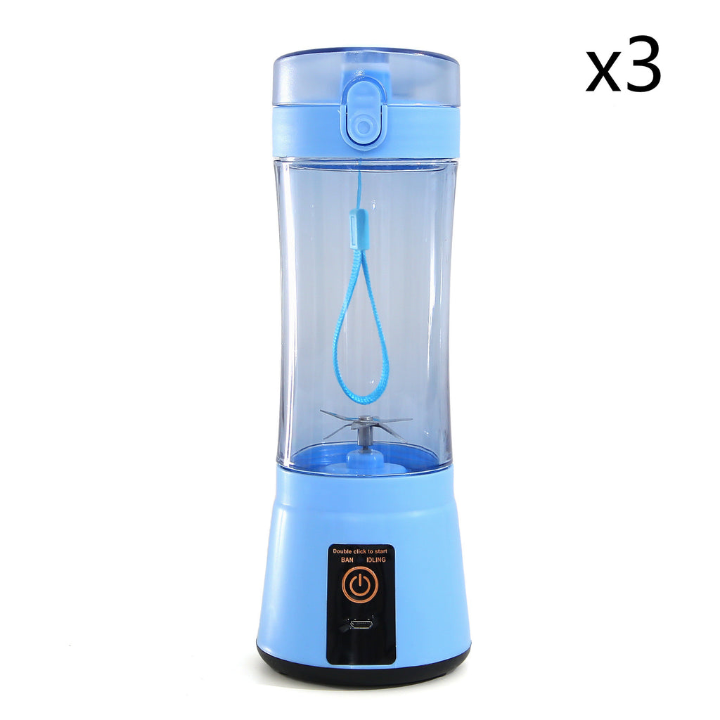 Blue portable electric fruit juicer with clear blending cup and USB rechargeable base