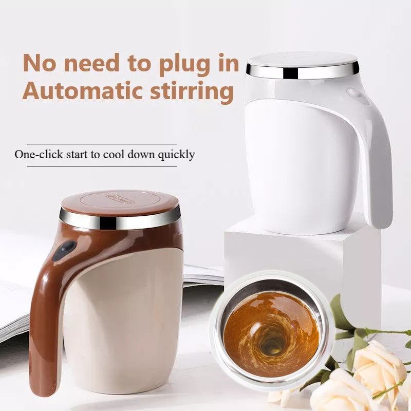 Electric stirring cup with rotating base, white outer body with brown cup shown