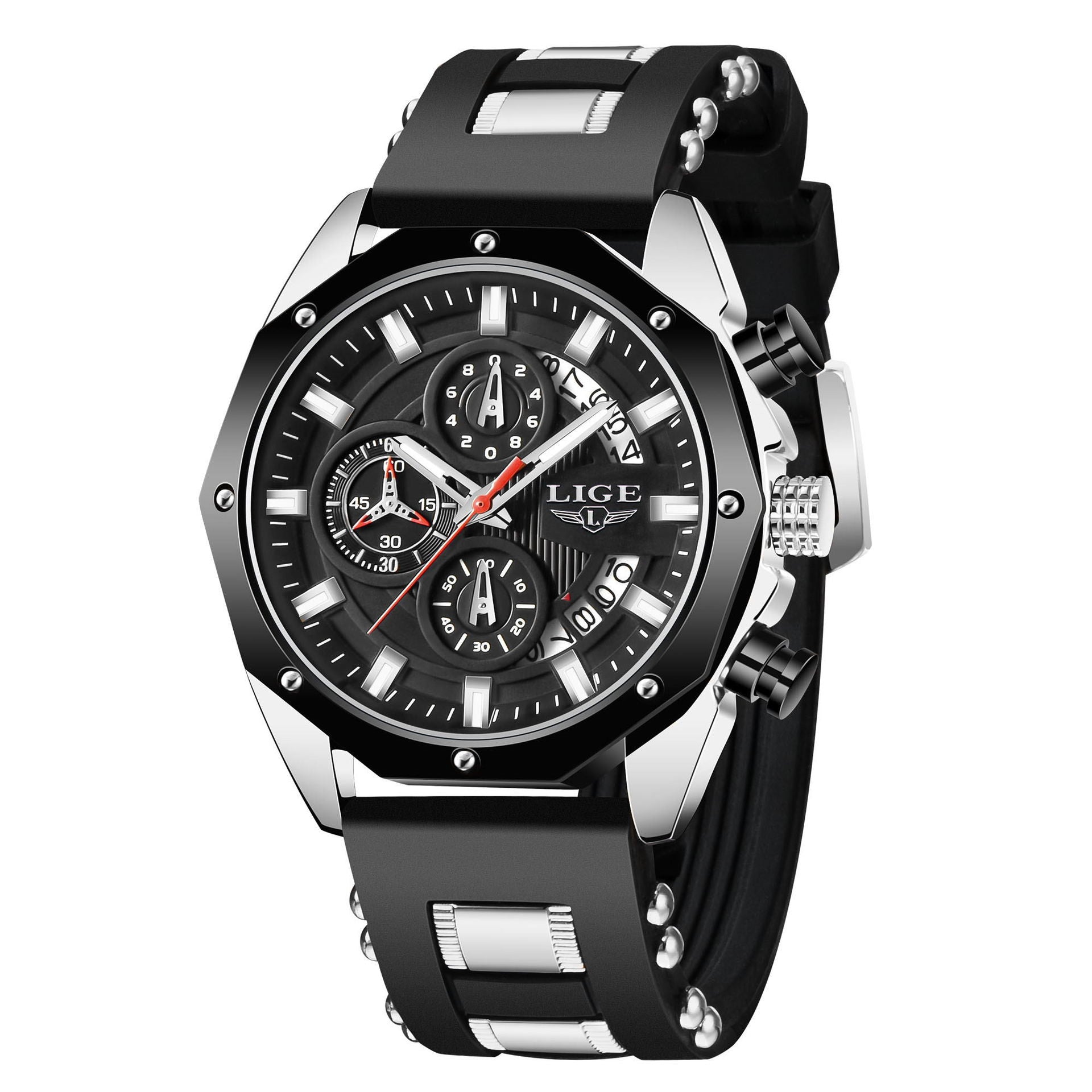 Black silicone sport watch with silver-tone case and multi-dial chronograph