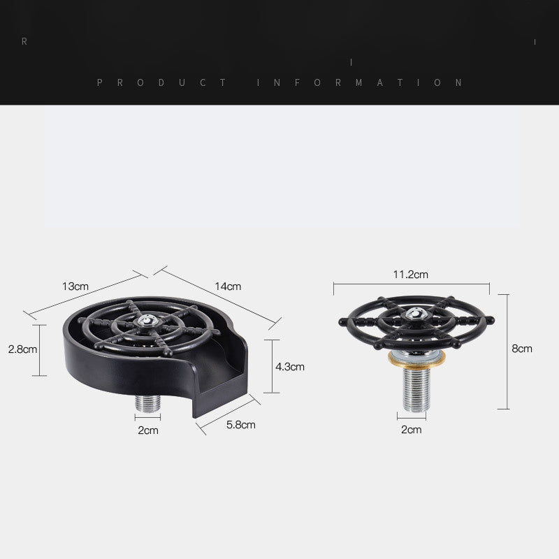 Cup washer base with black sprayer wheel and threaded water connection, side view