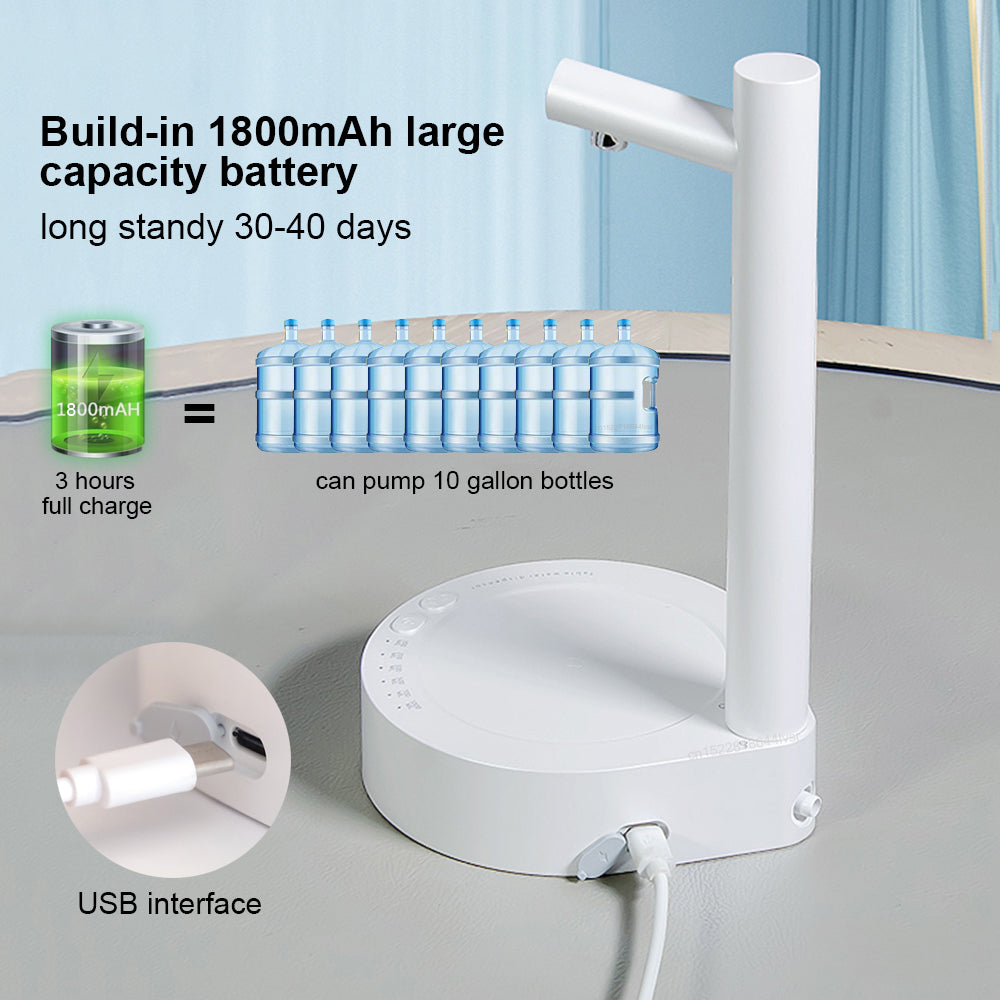 White electric water dispenser base with tall stand and USB cable, close-up view