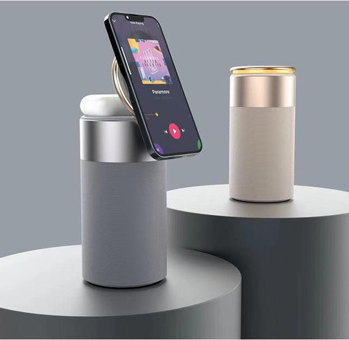 3-in-1 wireless charging speaker with lamp, grey base and silver top ring with phone dock