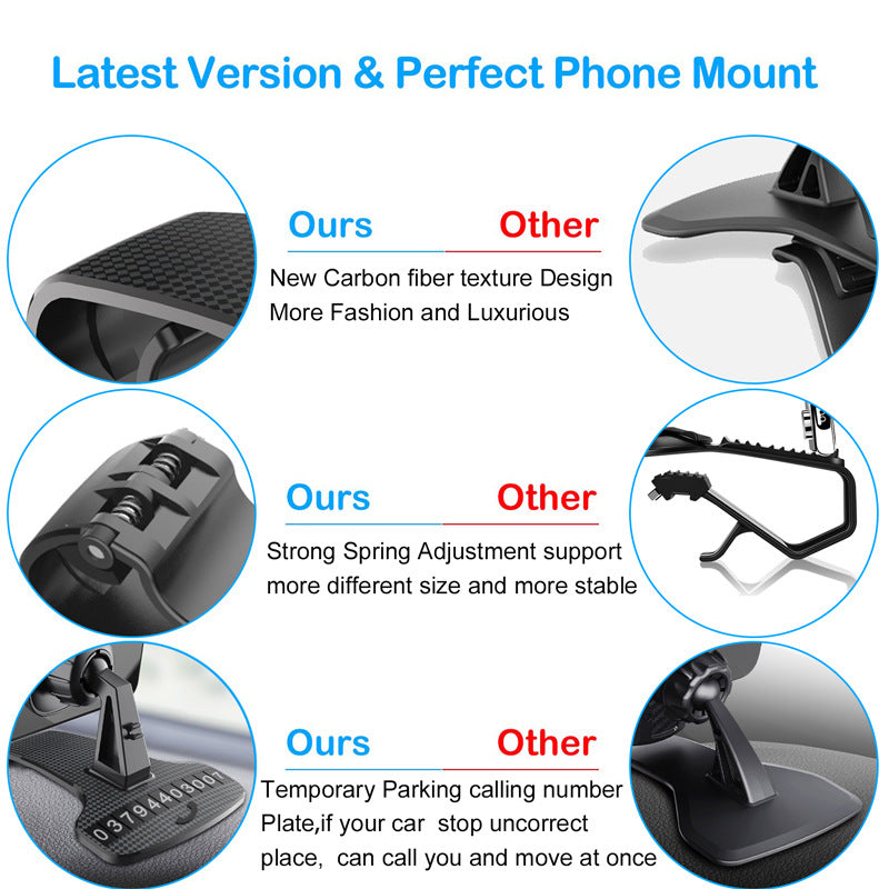 Car phone holder feature shots with textured base, clip, and adjustable mount