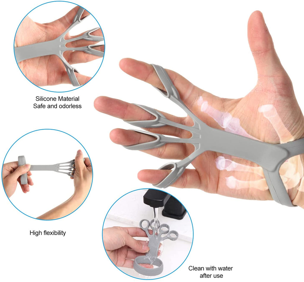 Silicone finger exerciser stretcher with gray loop design on open hand