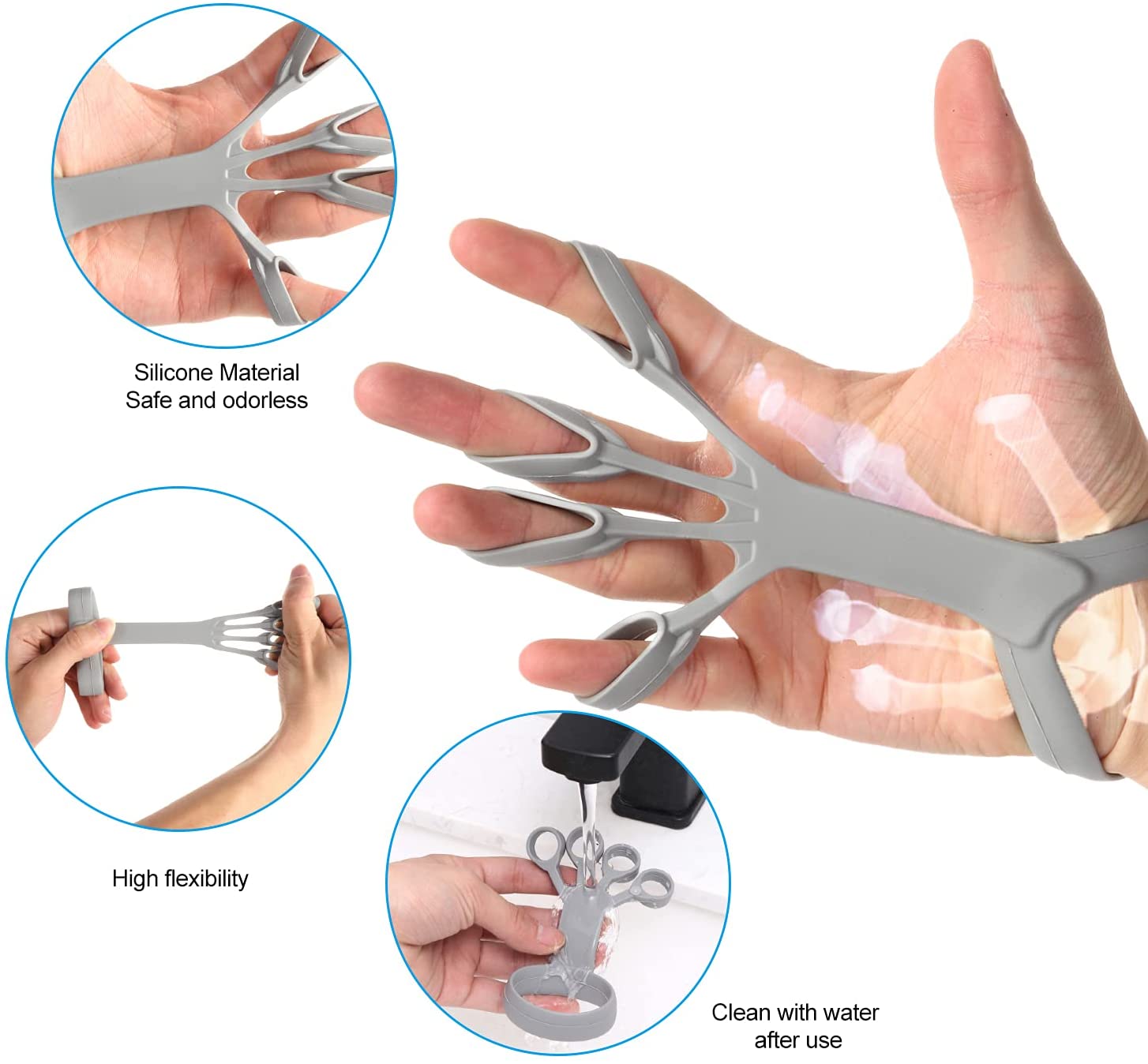 Silicone finger exerciser stretcher with gray loop design on open hand
