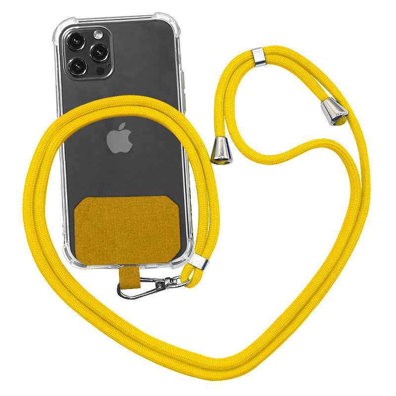 Phone lanyard strap with yellow rope and metal clips for holding a phone