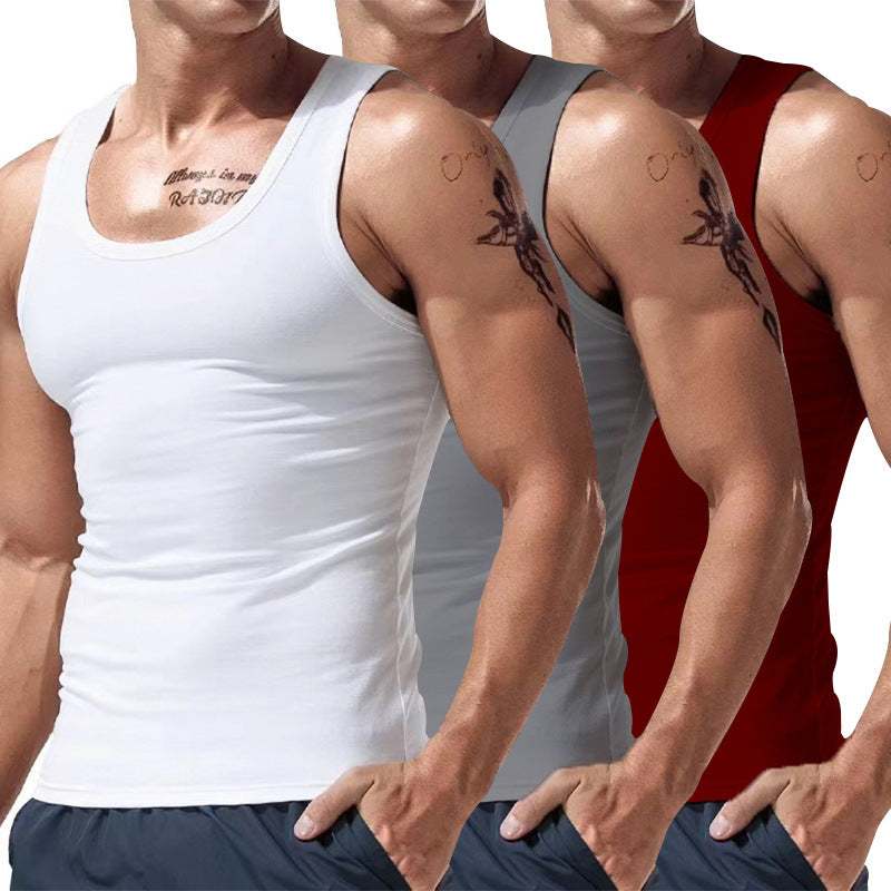 Men's three-pack sleeveless tank tops with crew neck in white, gray, and red