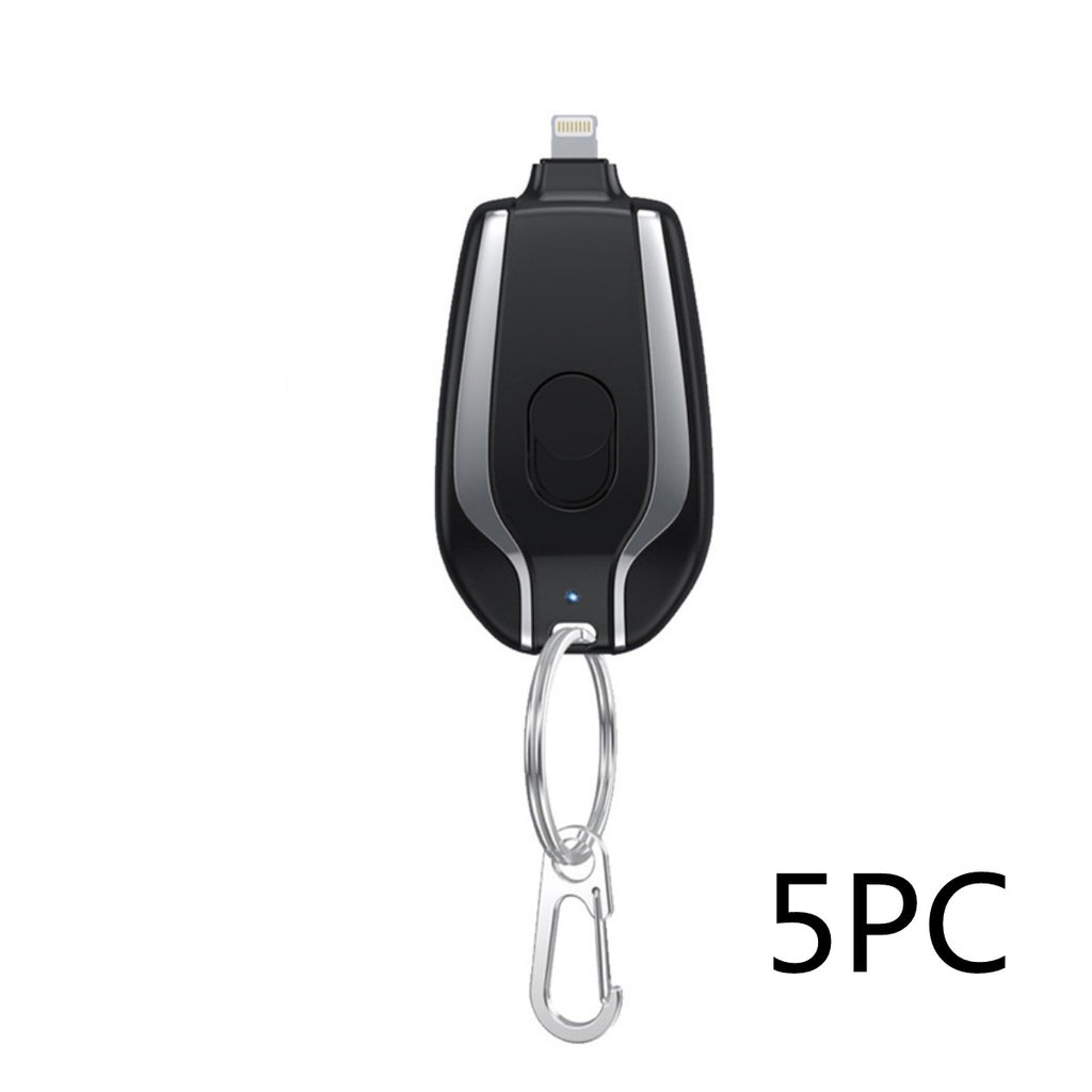 Black mini keychain power bank pod charger with USB connector and bead chain