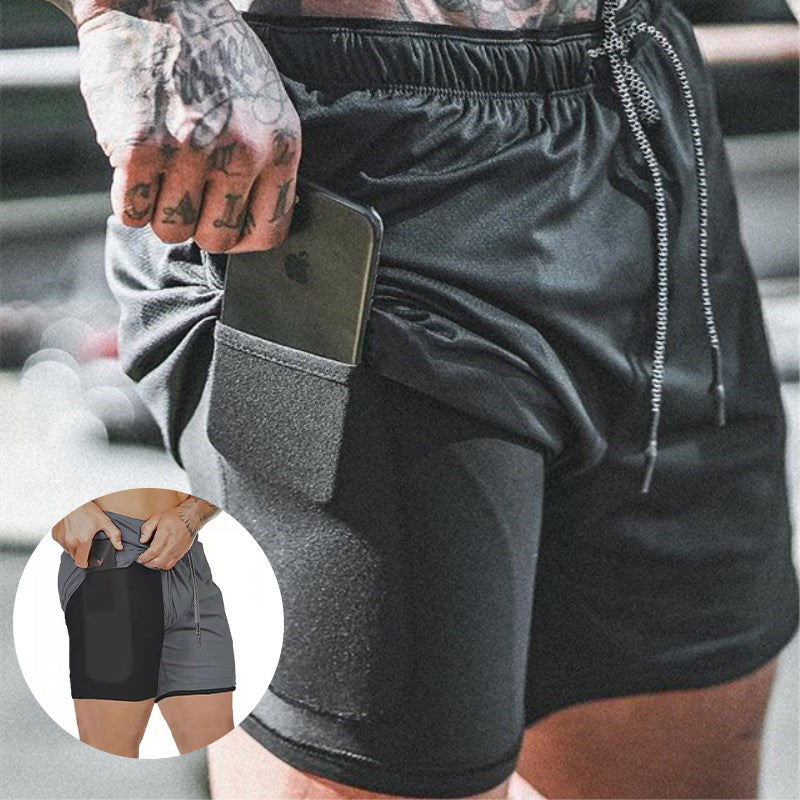 Compression shorts with phone pocket, dark gray/black, elastic waistband, drawstring
