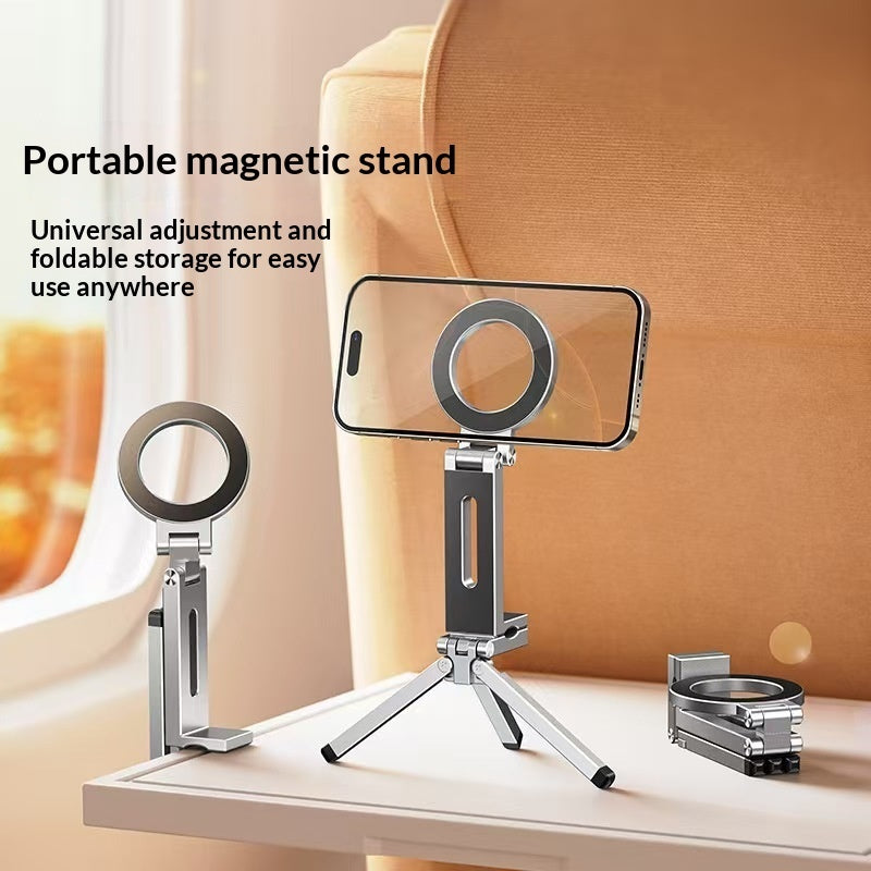 Gray magnetic phone holder stand with rotating ring clamp and foldable tripod base