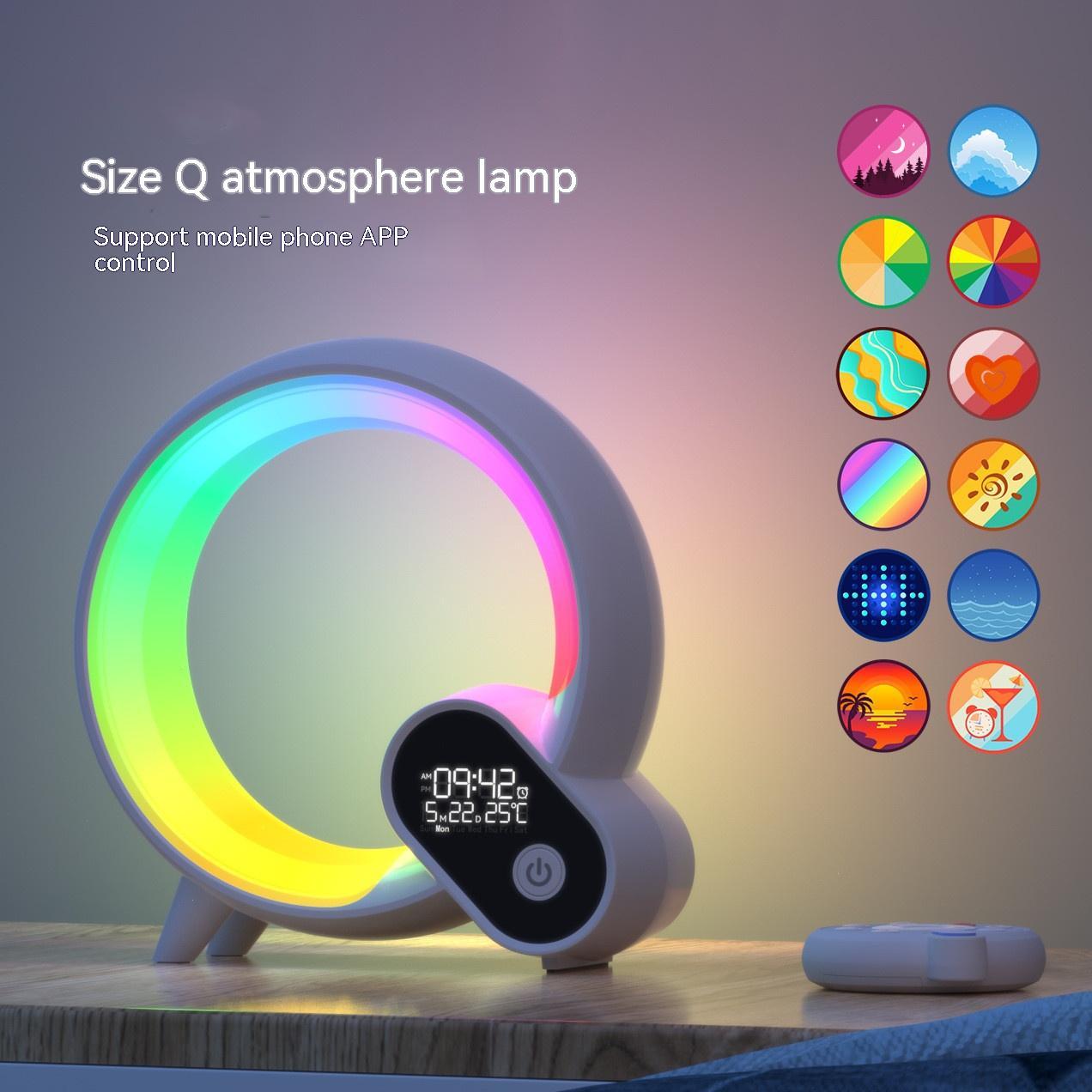 White sunrise alarm clock with multicolor halo ring light and digital display panel