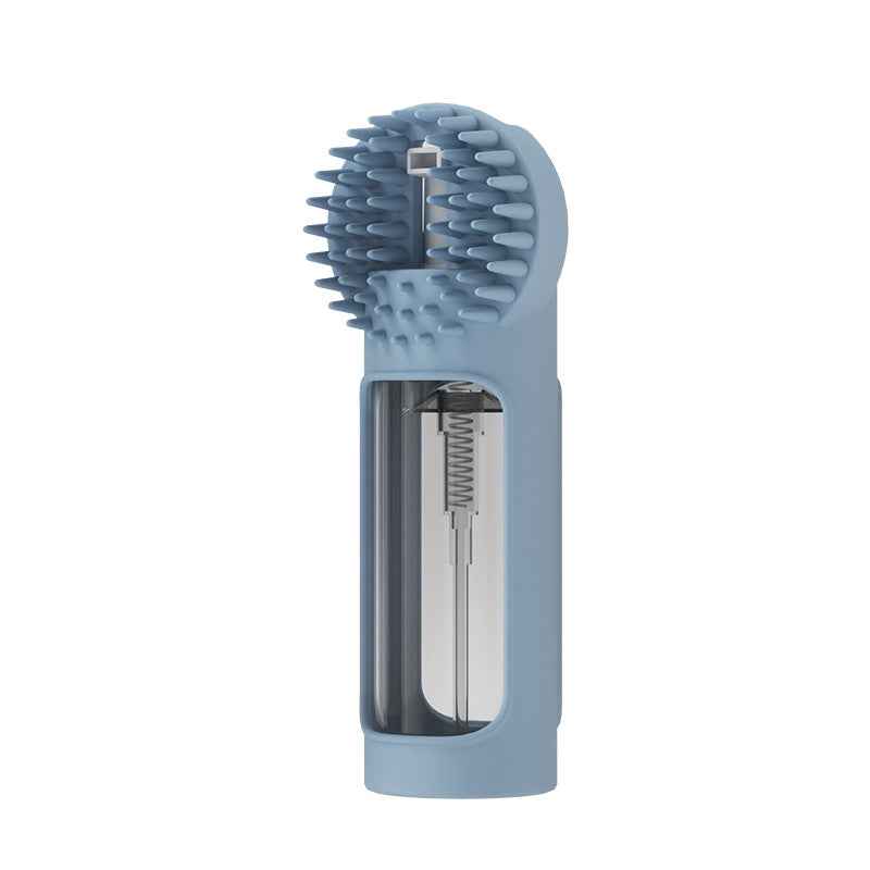Pet bath brush blue with silicone bristle nodes and transparent liquid chamber