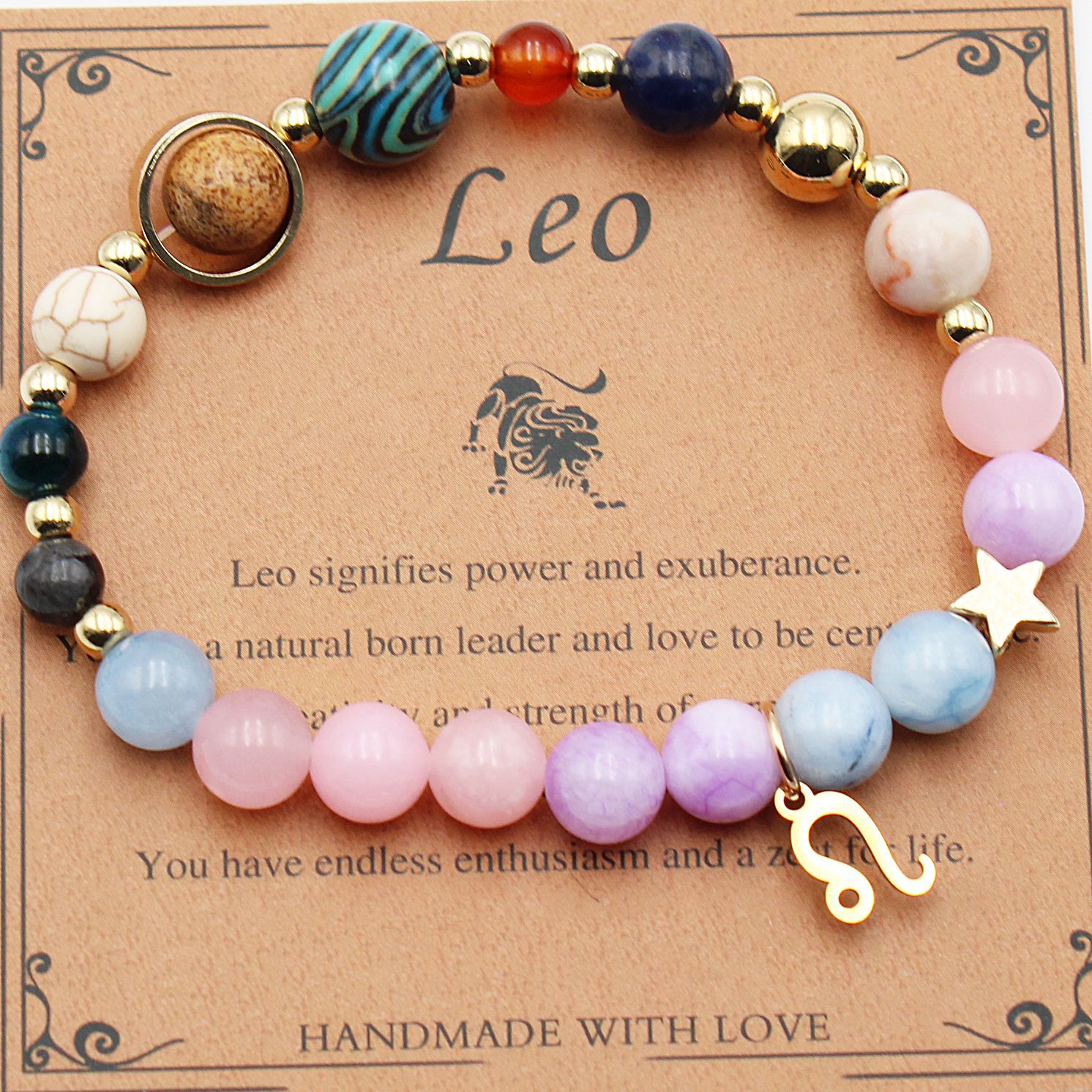 Leo zodiac beaded bracelet with pastel beads, gold-tone accents, and a charm