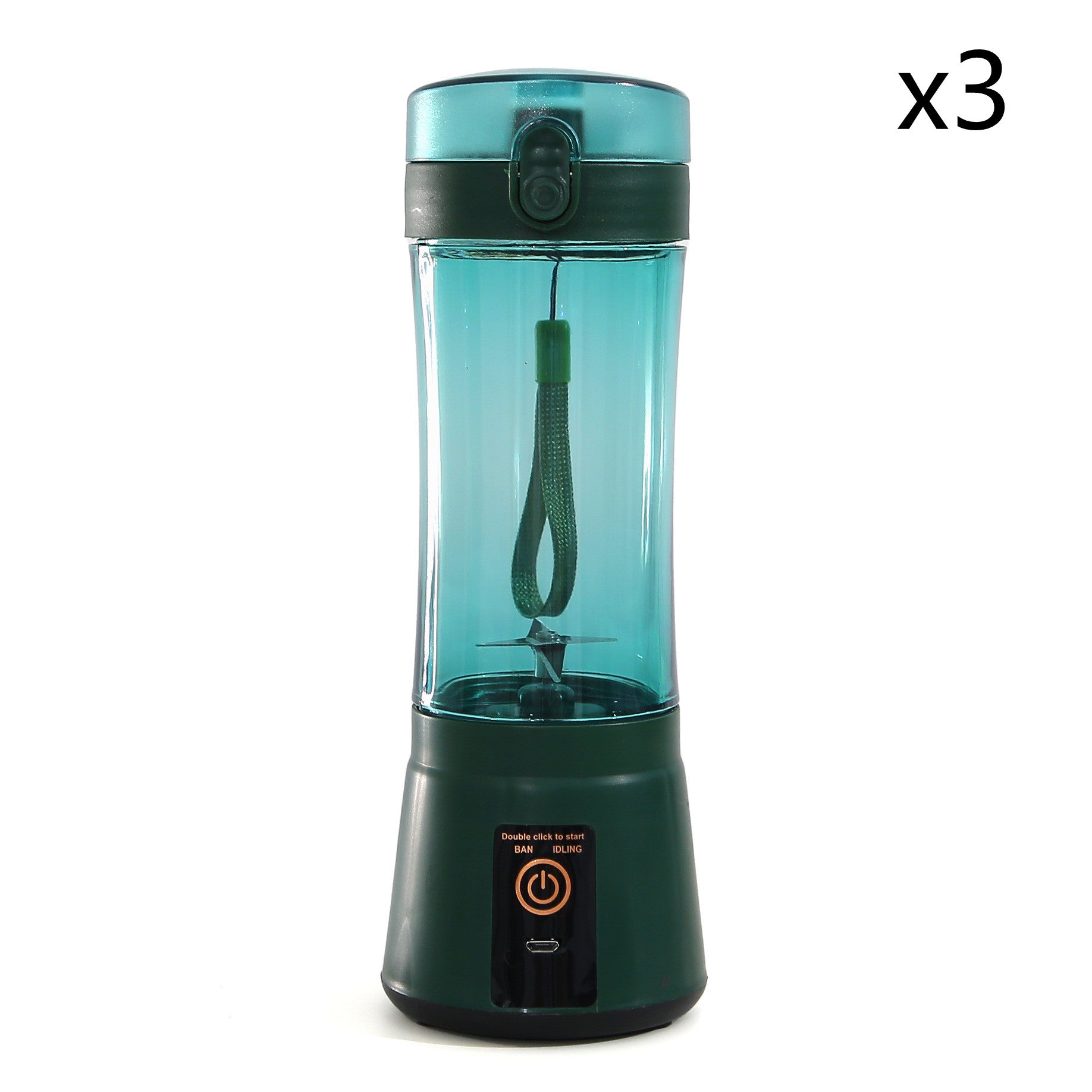 Portable electric fruit juicer blender, teal transparent cup with dark base.