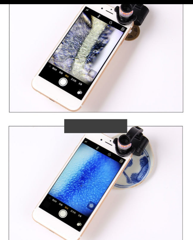 Black clip-on magnifying lens with light clipped to a smartphone